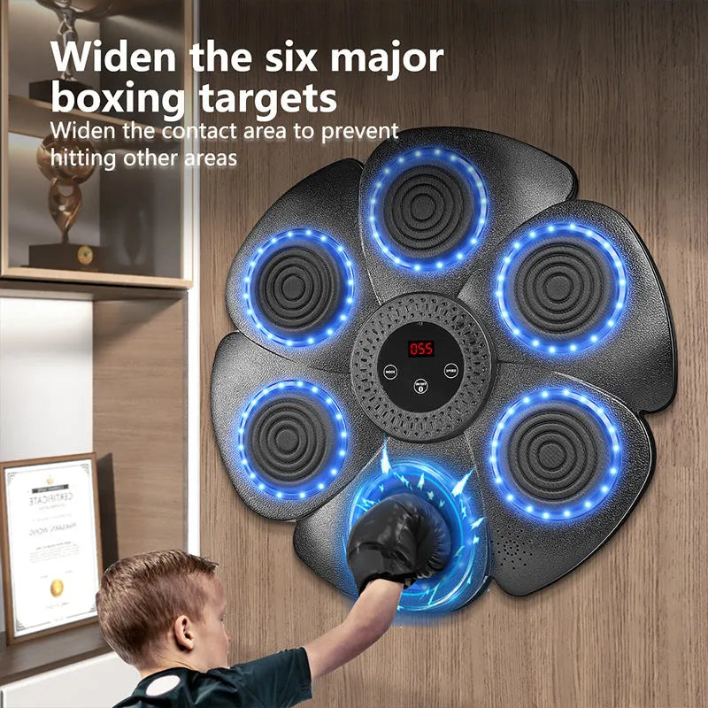 Black smart music boxing machine wall target with Bluetooth LED lights and half finger boxing gloves