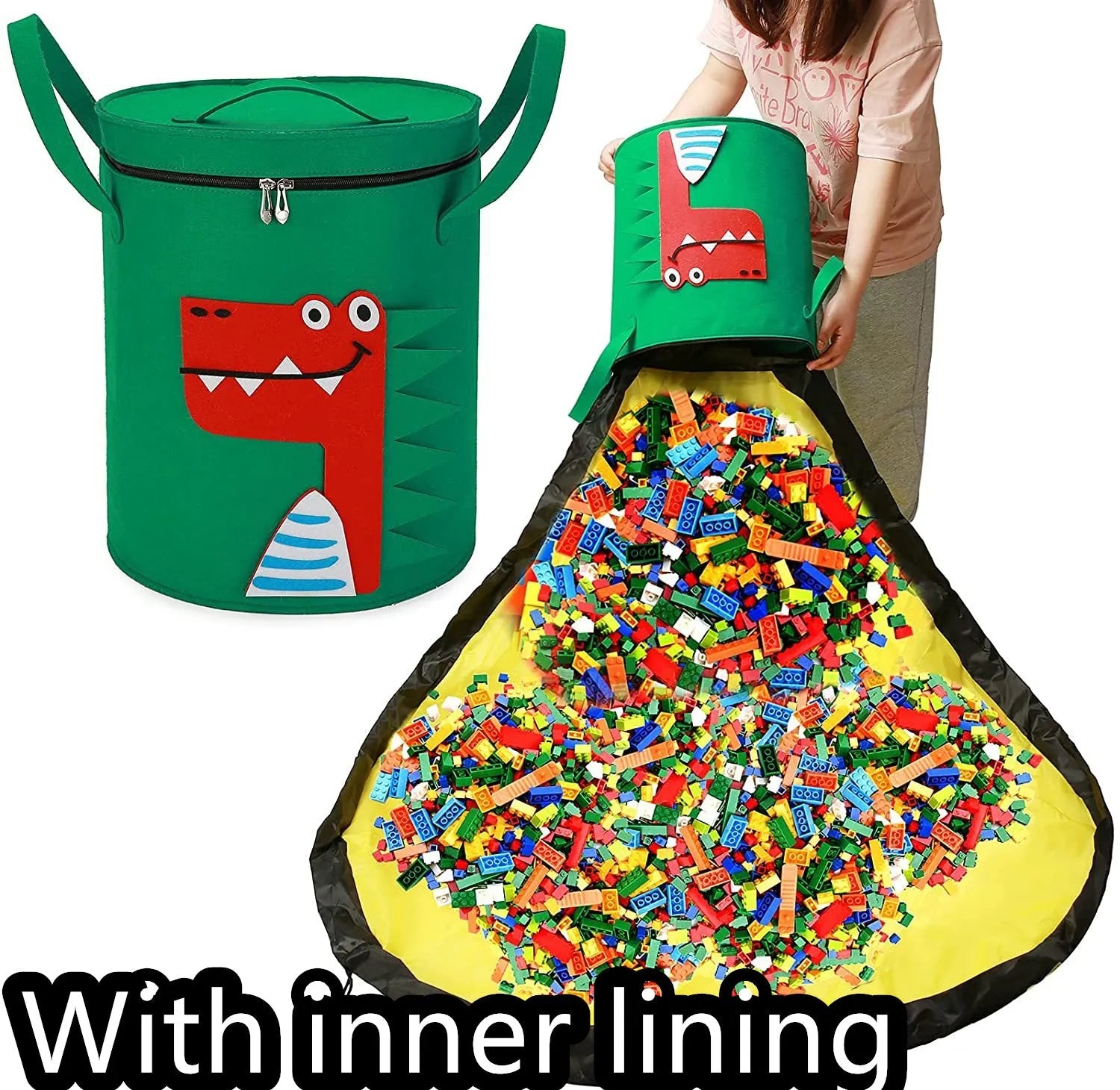 Green felt cube storage bag with pull rope, laid flat as a play mat