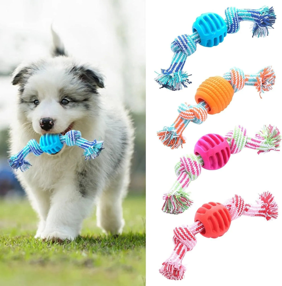 Blue dog chew toy with rope elements for dental cleaning and oral health