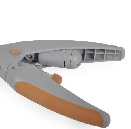 Dog nail clipper with LED light and imitation blood line guide, made from white ABS plastic