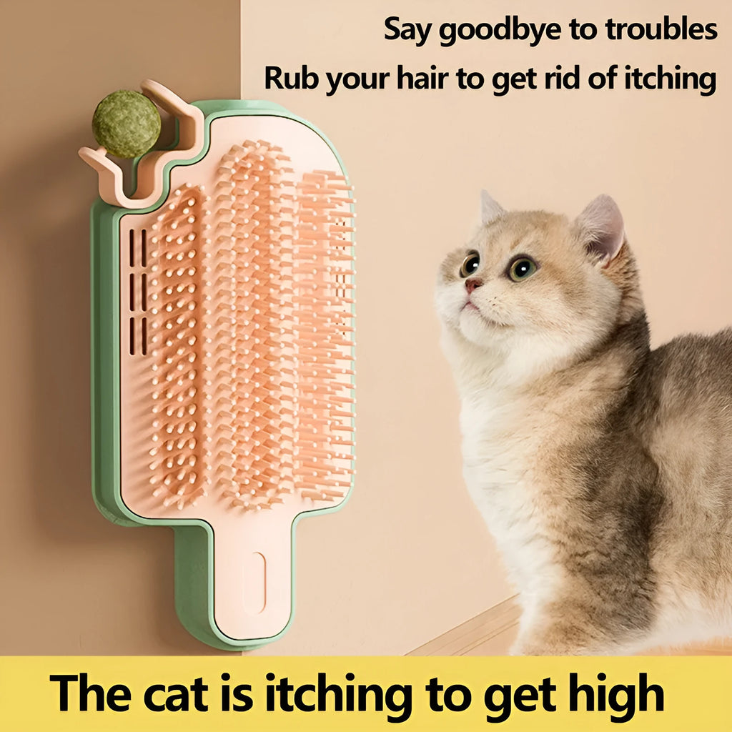 Ice cream cone shaped cat toy with mint ball and feather attachments on textured rubbing corner