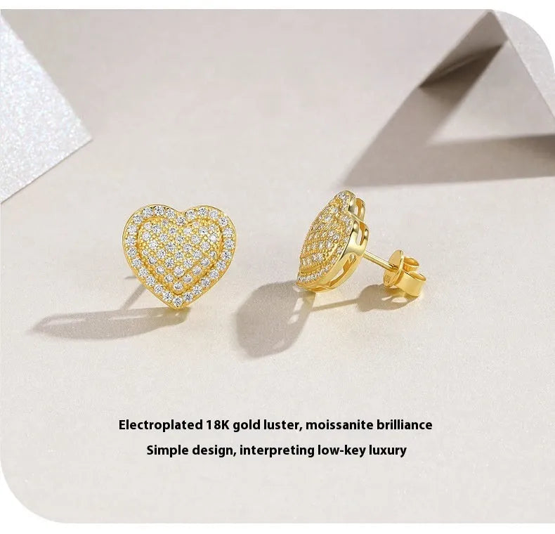 S925 sterling silver heart-shaped stud earrings with gold finish and moissanite stones
