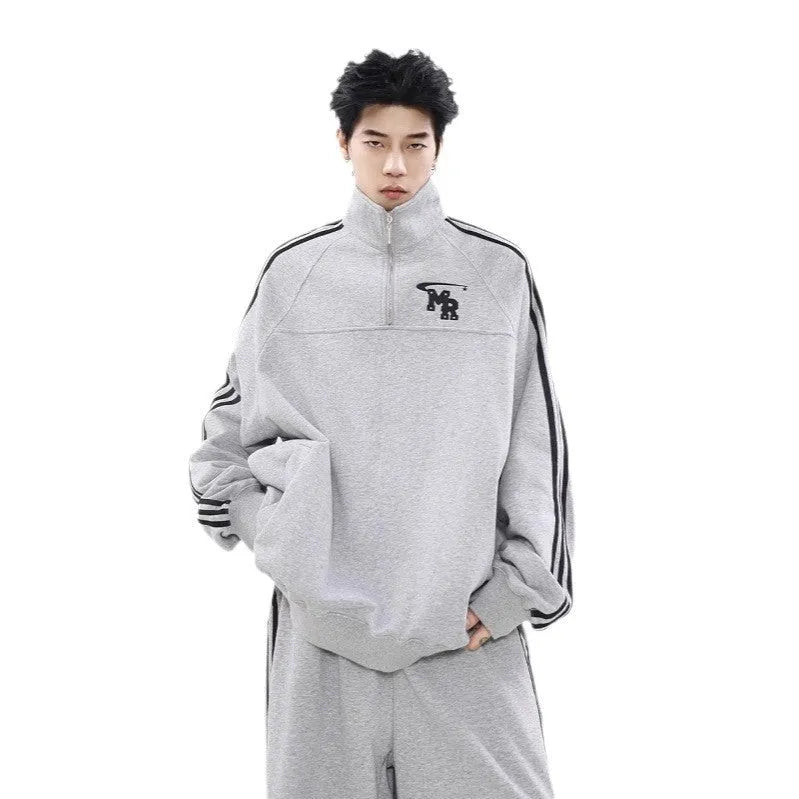 Black stand collar retro sports hoodie with long sleeves in polyester fabric for couple wear