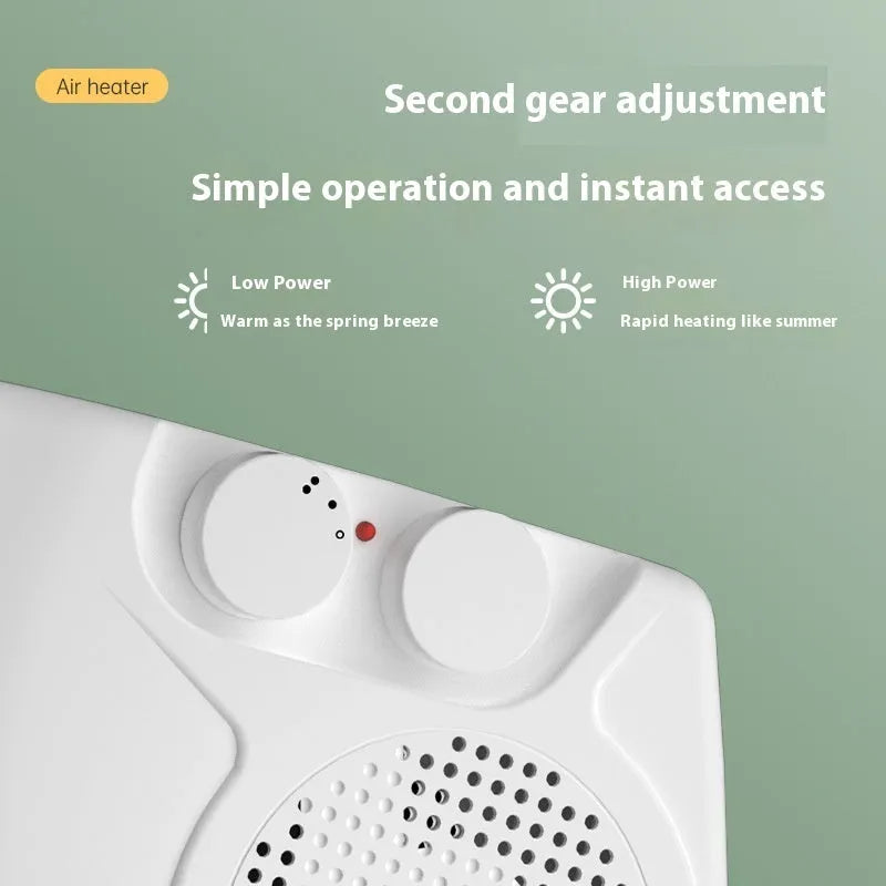 Compact white electric heater with control dial, suitable for desktop placement in rooms under 10 square metres
