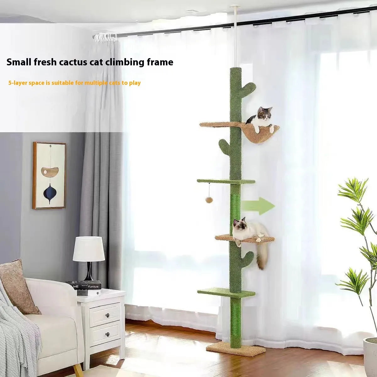 Tall cactus-themed cat climbing frame with integrated scratch board and hanging toy