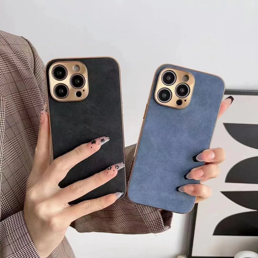 Leather texture TPU phone case for iPhone on a table, shown in grey-green colour.