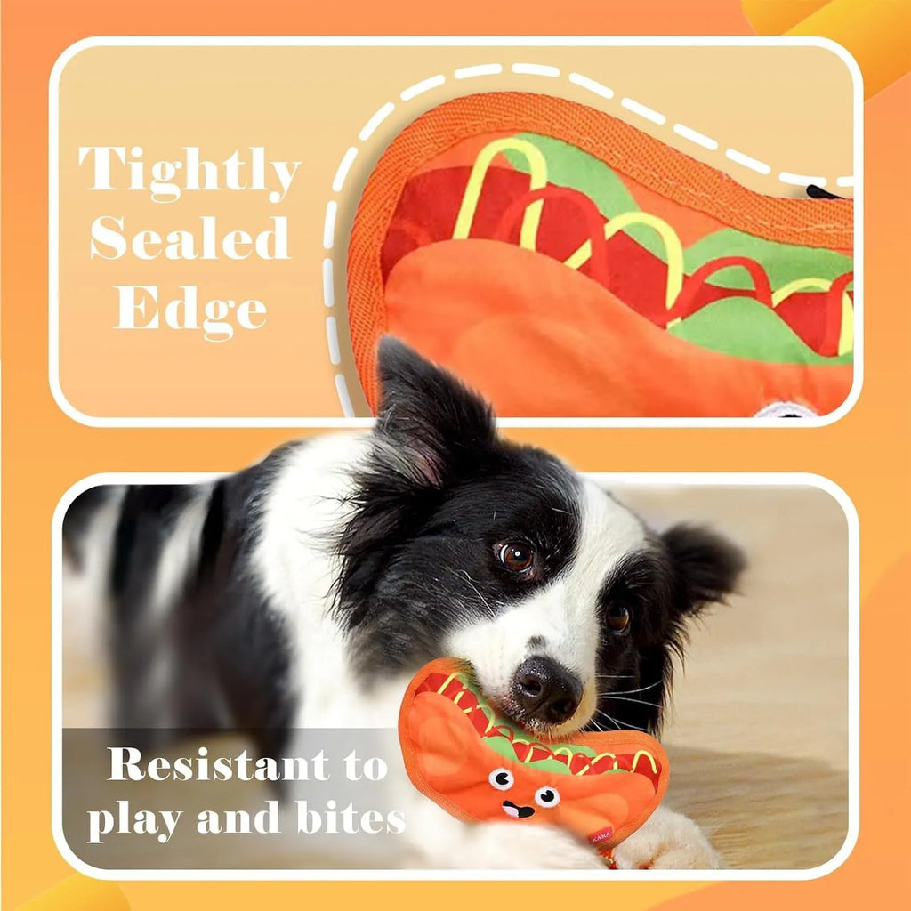 Red and yellow hamburger-shaped dog chew toy with dual crinkle and squeak sounds.