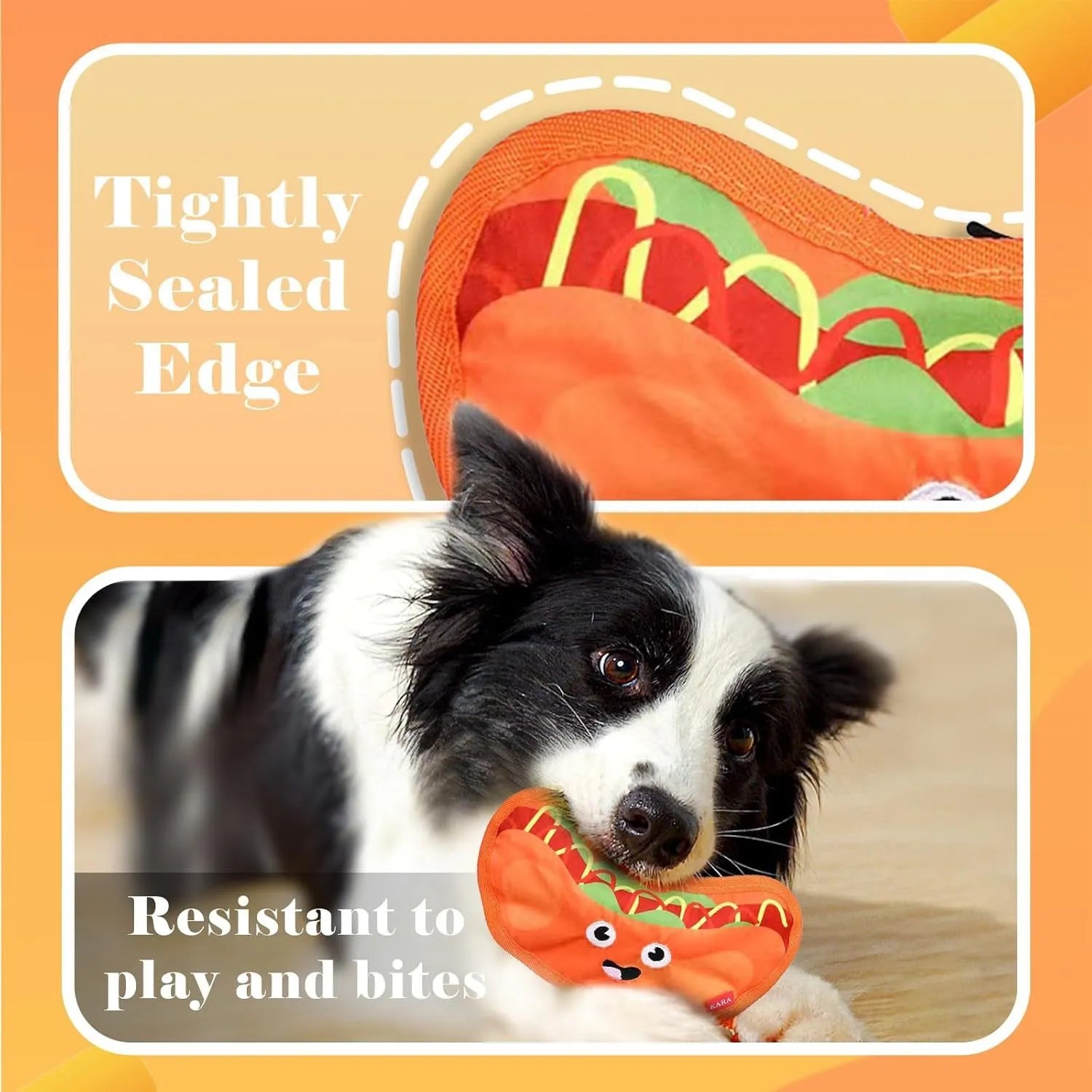 Red and yellow hamburger-shaped dog chew toy with dual crinkle and squeak sounds.