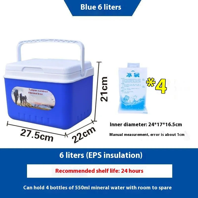 Blue portable insulated cooler box with aluminium foil lining, showing various capacity size options.