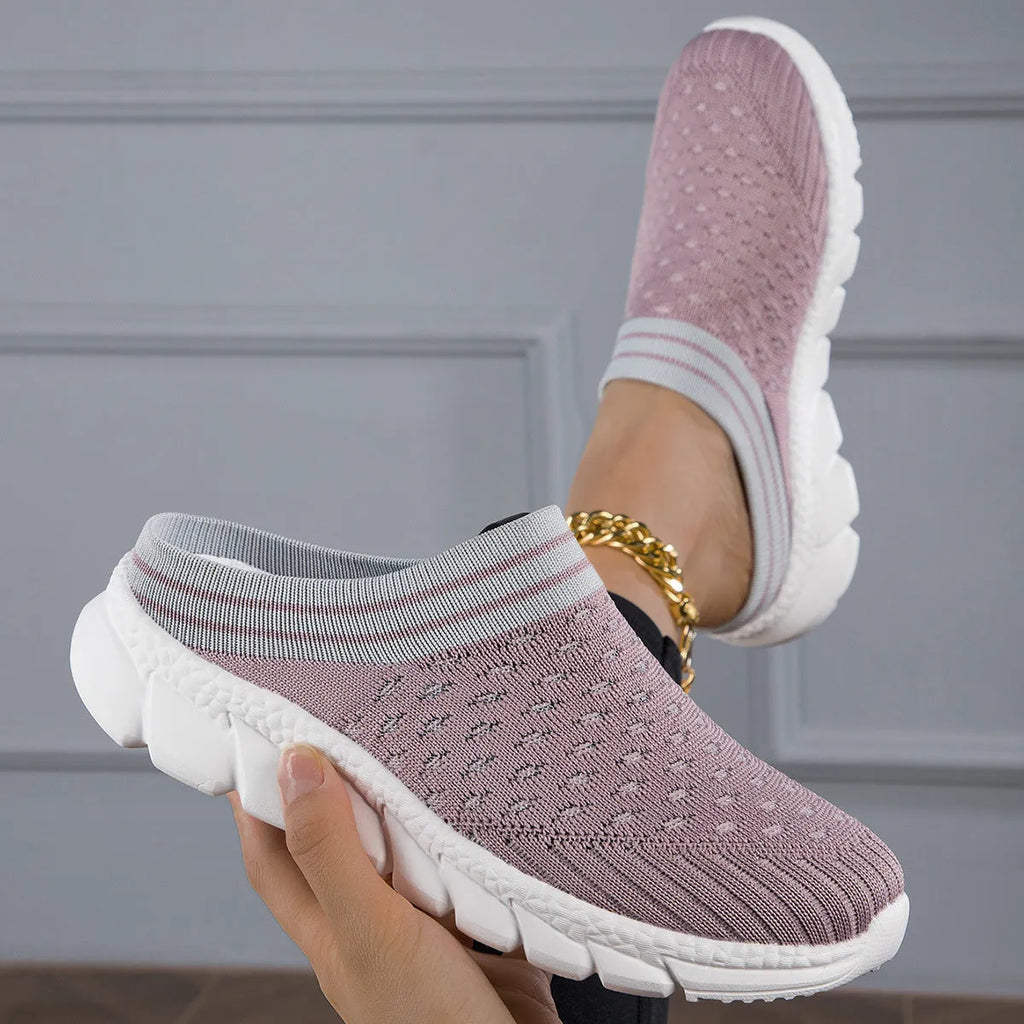 Women's striped Flyknit slipper shoes with hollowed-out design in black, pink, and purple colour options
