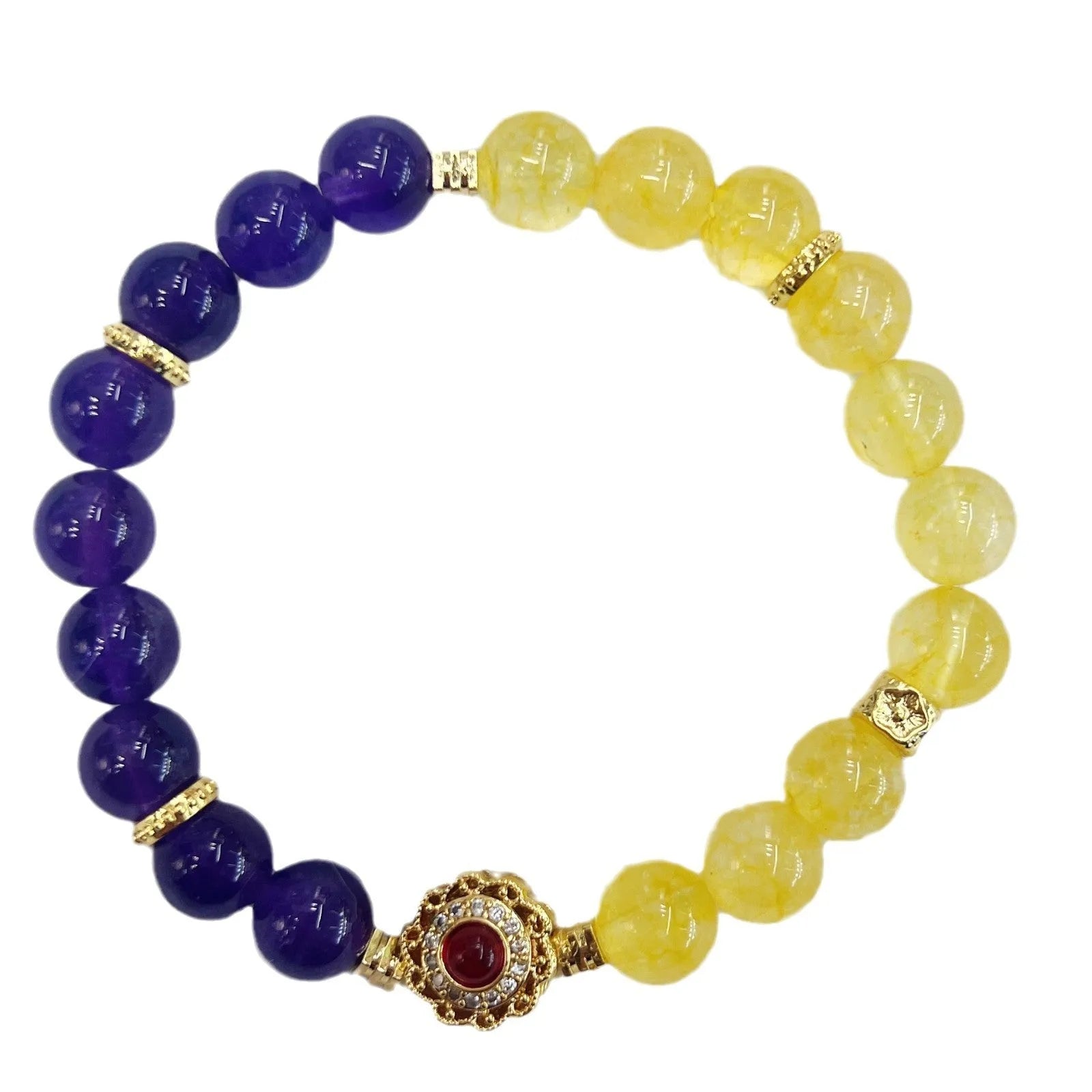 Handmade women's yellow and purple crystal bracelet with amethyst beads on wrist
