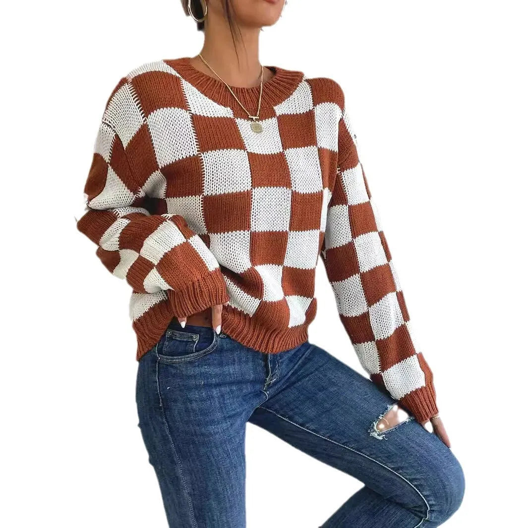 Dark brown chessboard plaid loose round neck pullover sweater with long sleeves