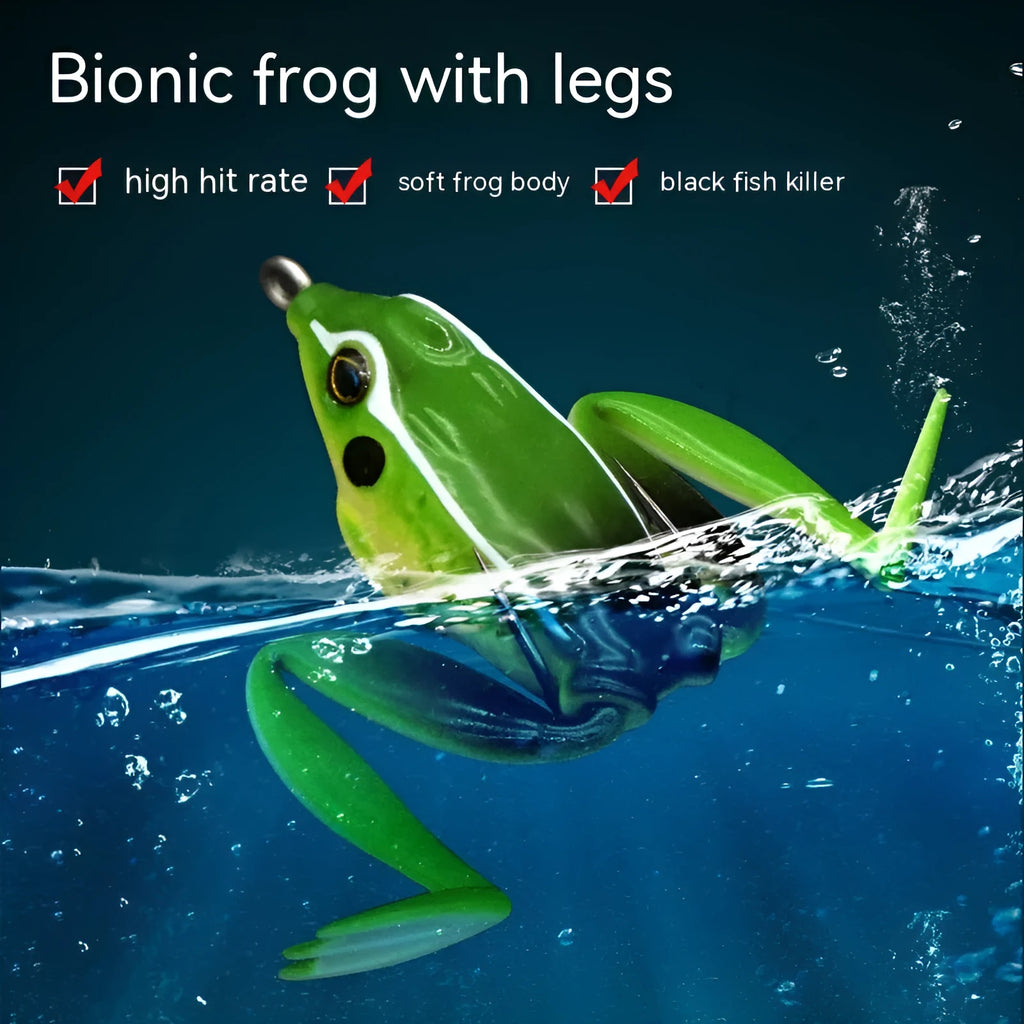 Bionic thunder frog snake head fishing lure with double hooks in grass green and black yellow dots colours