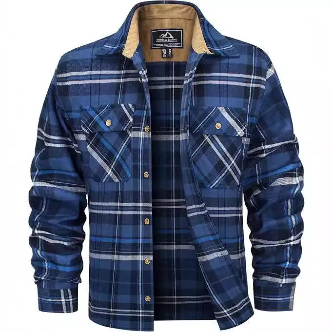 Men's polyester flannel button shirt with plaid pattern in multiple colour options showing button-front design