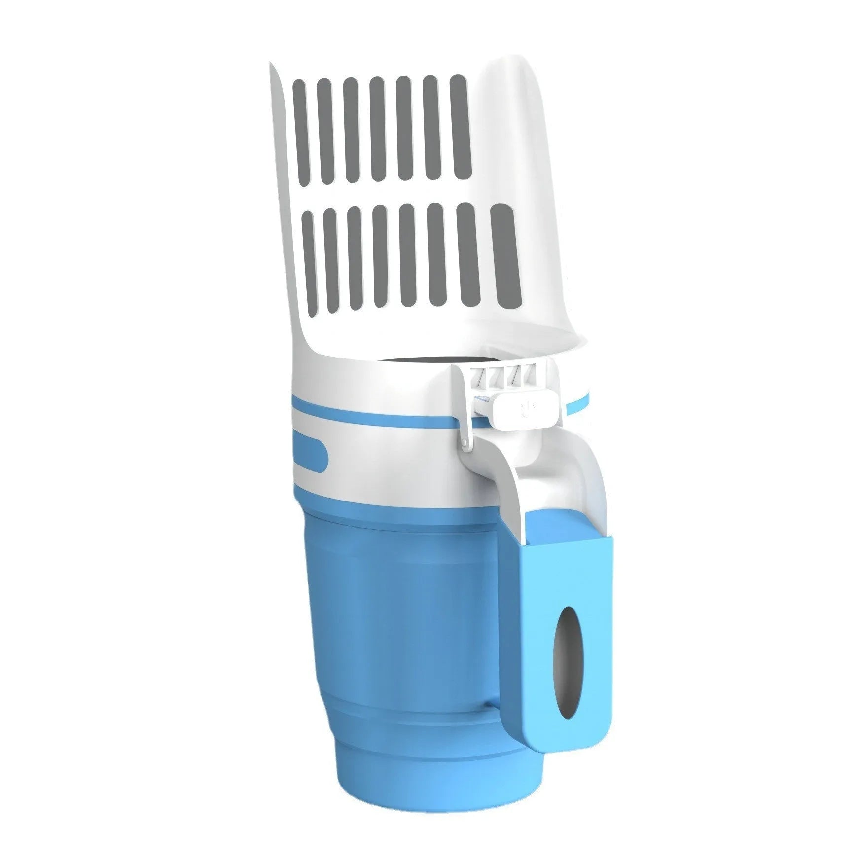Grey foldable cat litter scoop and waste bin system with a non-slip handle and refill bags.
