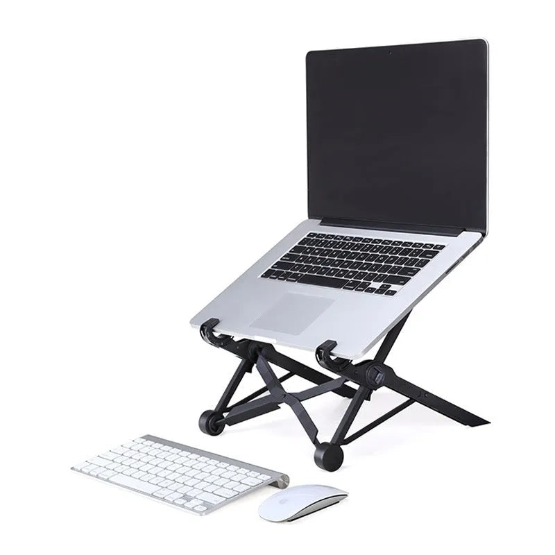 Sagacious black portable folding laptop bracket with enhanced nylon construction showing folded and unfolded positions