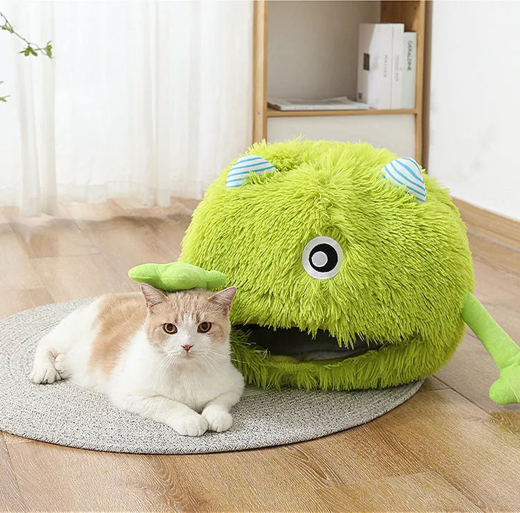 Round fluffy cat bed with plush fabric and non-slip base in three size options