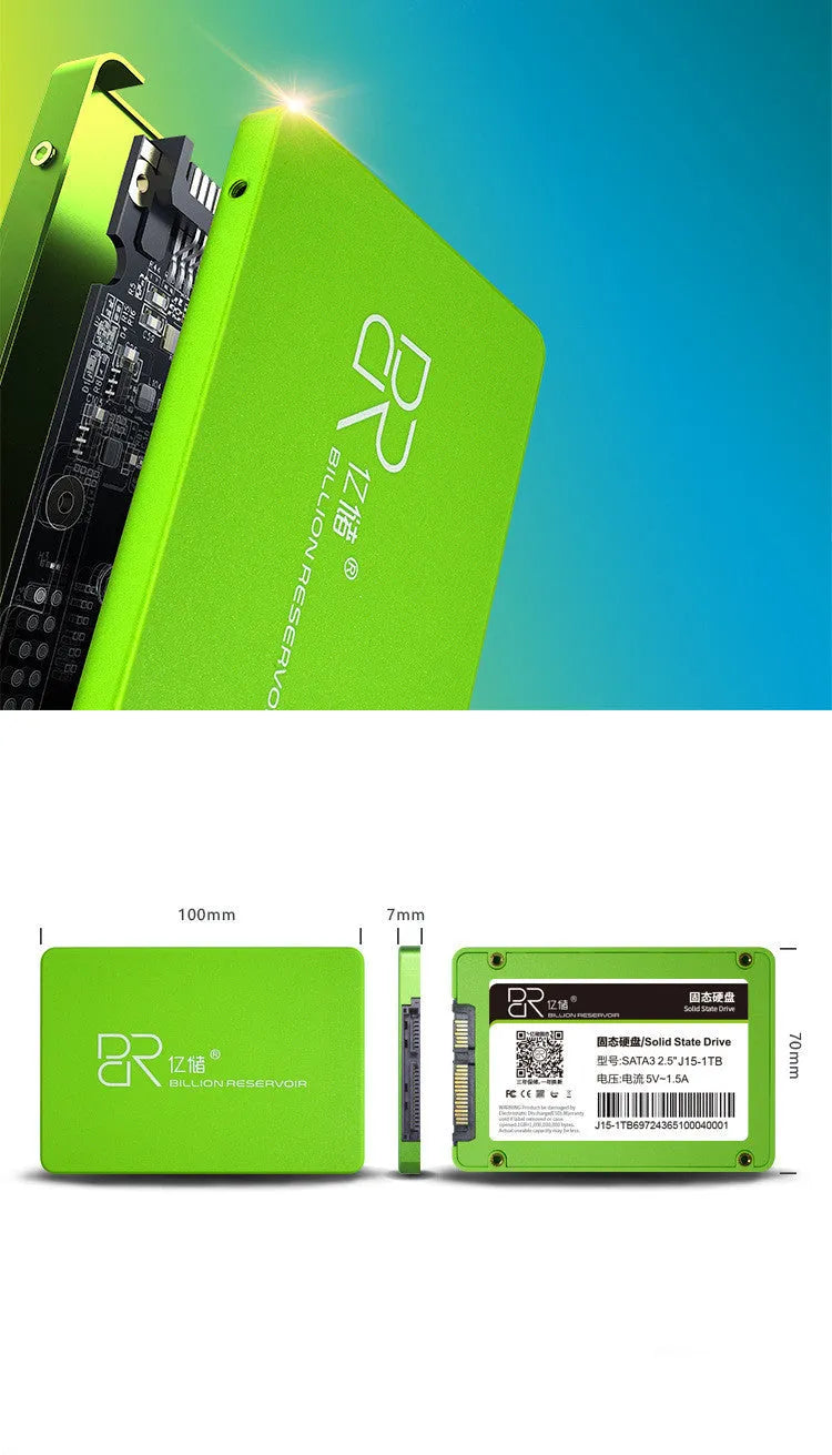Black 2.5-inch SATA solid state drive showing front connector and capacity label