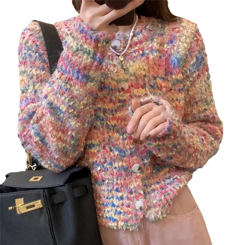 Rainbow pattern acrylic knitted cardigan in pink or green ice cream colours with slim fit