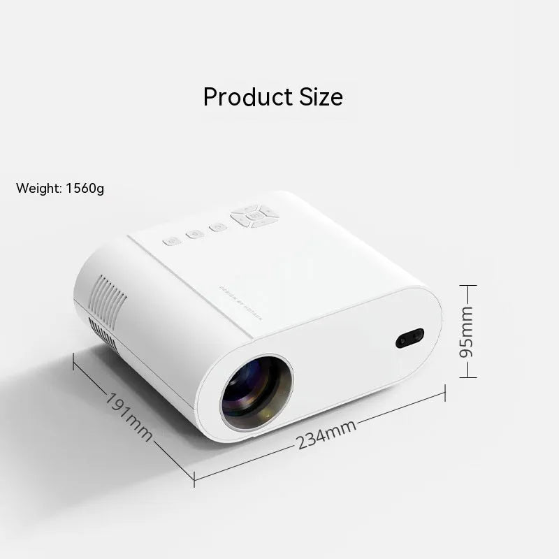 White Full HD smart projector with remote control on dark surface