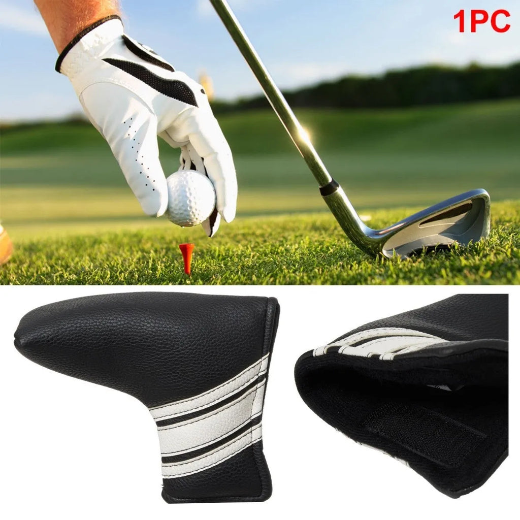 Black PU leather golf putter head cover showing push rod sleeve design