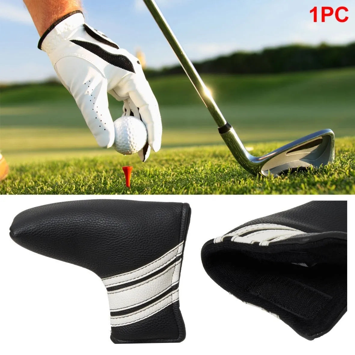 Black PU leather golf putter head cover showing push rod sleeve design