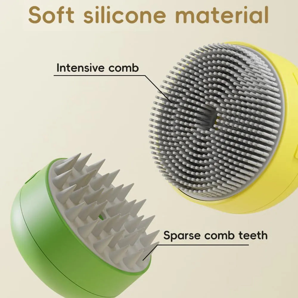 Green rechargeable cat steam brush with silicone bristles and steam function