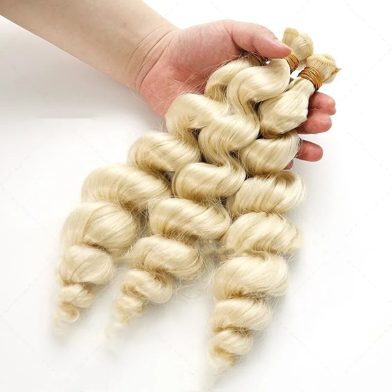 Golden synthetic hair weft wig for women showing three length options on display