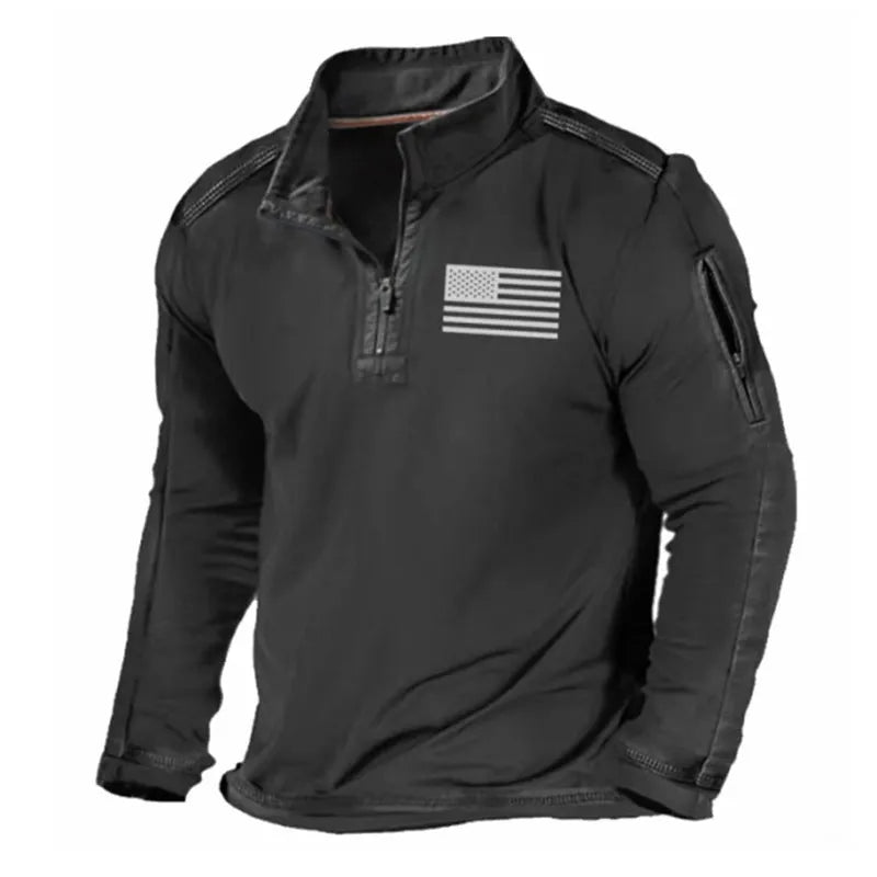 Men's dark coloured zip-up sweater with a stand collar and long sleeves laid flat.