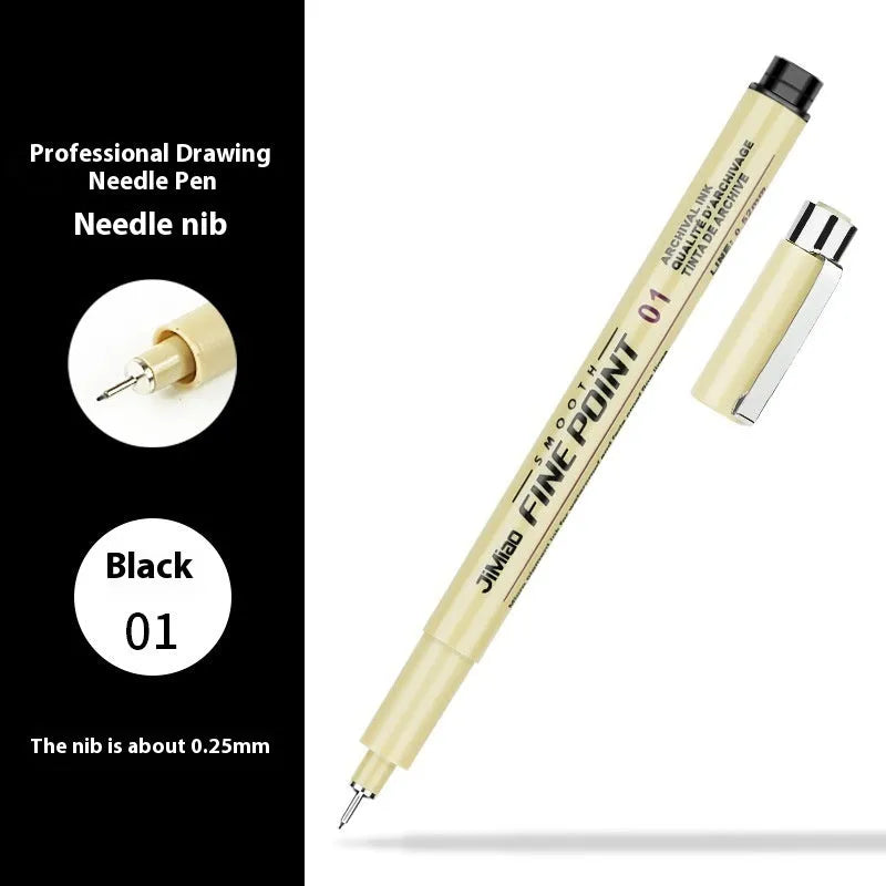 Waterproof needle pen drawing set with syringe-style design and black ink cartridge
