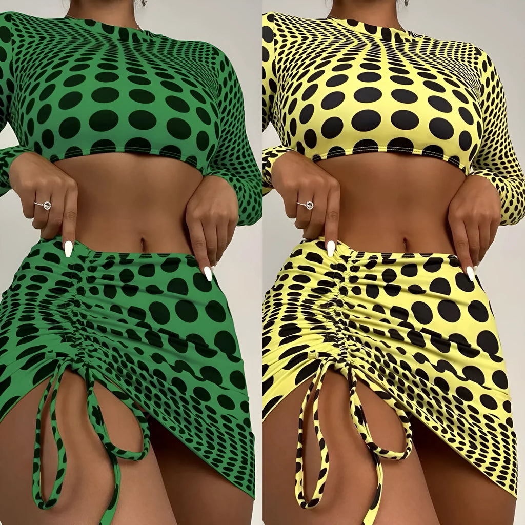 Women's green polka dot swimsuit three-piece set showing top, skirt and bra components