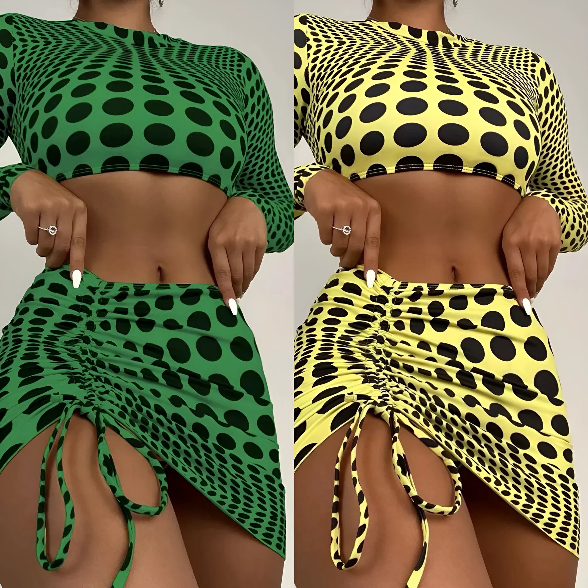 Women's green polka dot swimsuit three-piece set showing top, skirt and bra components