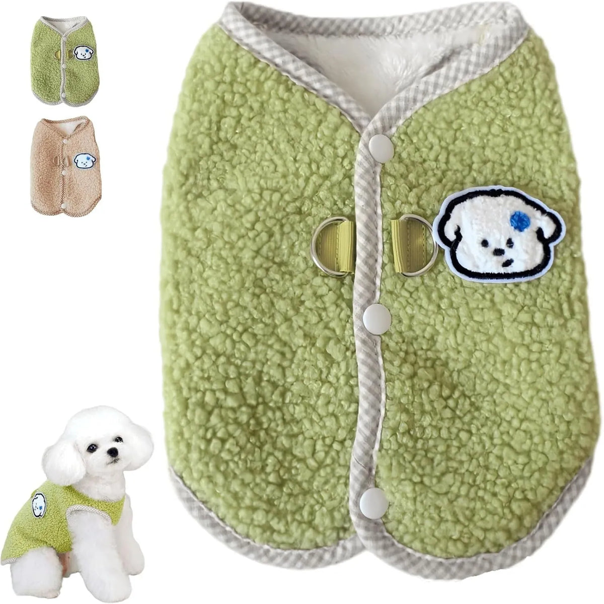 Green thickened coral fleece dog vest with a metal leash ring on the back, laid flat.