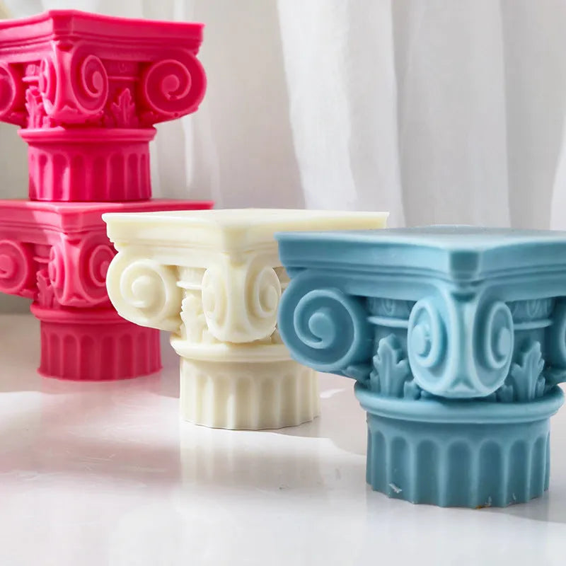 Flexible silicone Roman pillar candle and crafting mould with irregular column shape.