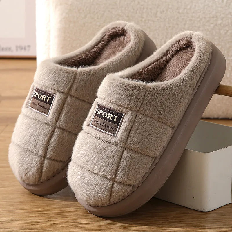 Men's grey and brown plaid winter slippers with thick rabbit hair upper and wool lining.