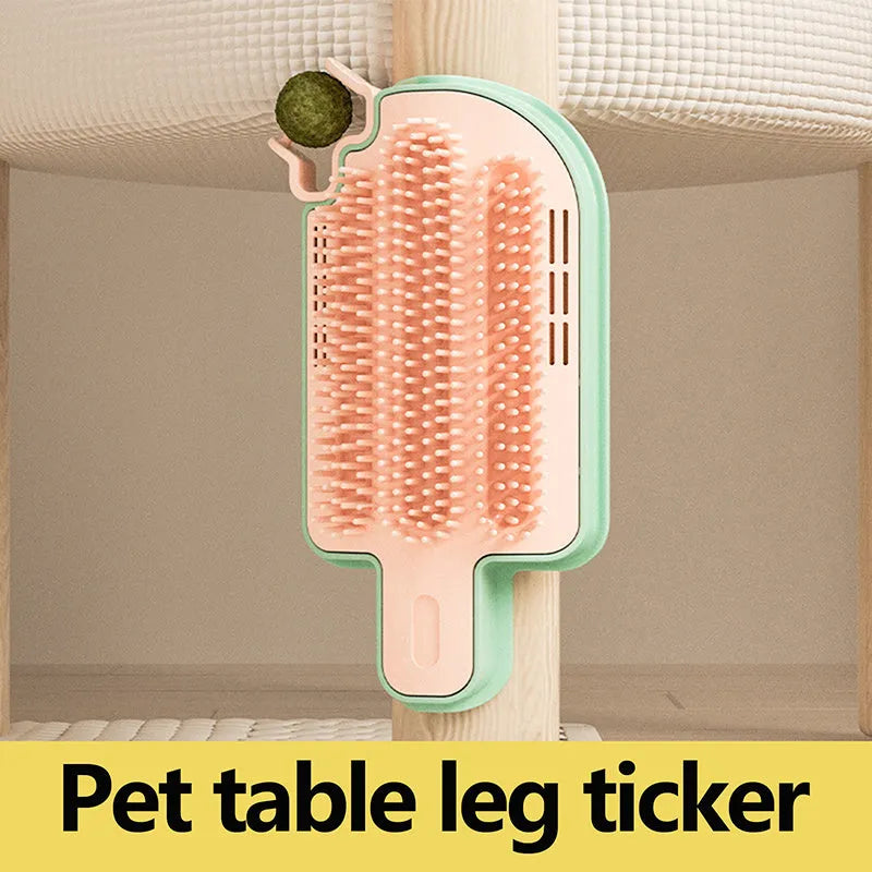 Ice cream cone shaped cat toy with mint ball and feather attachments on textured rubbing corner