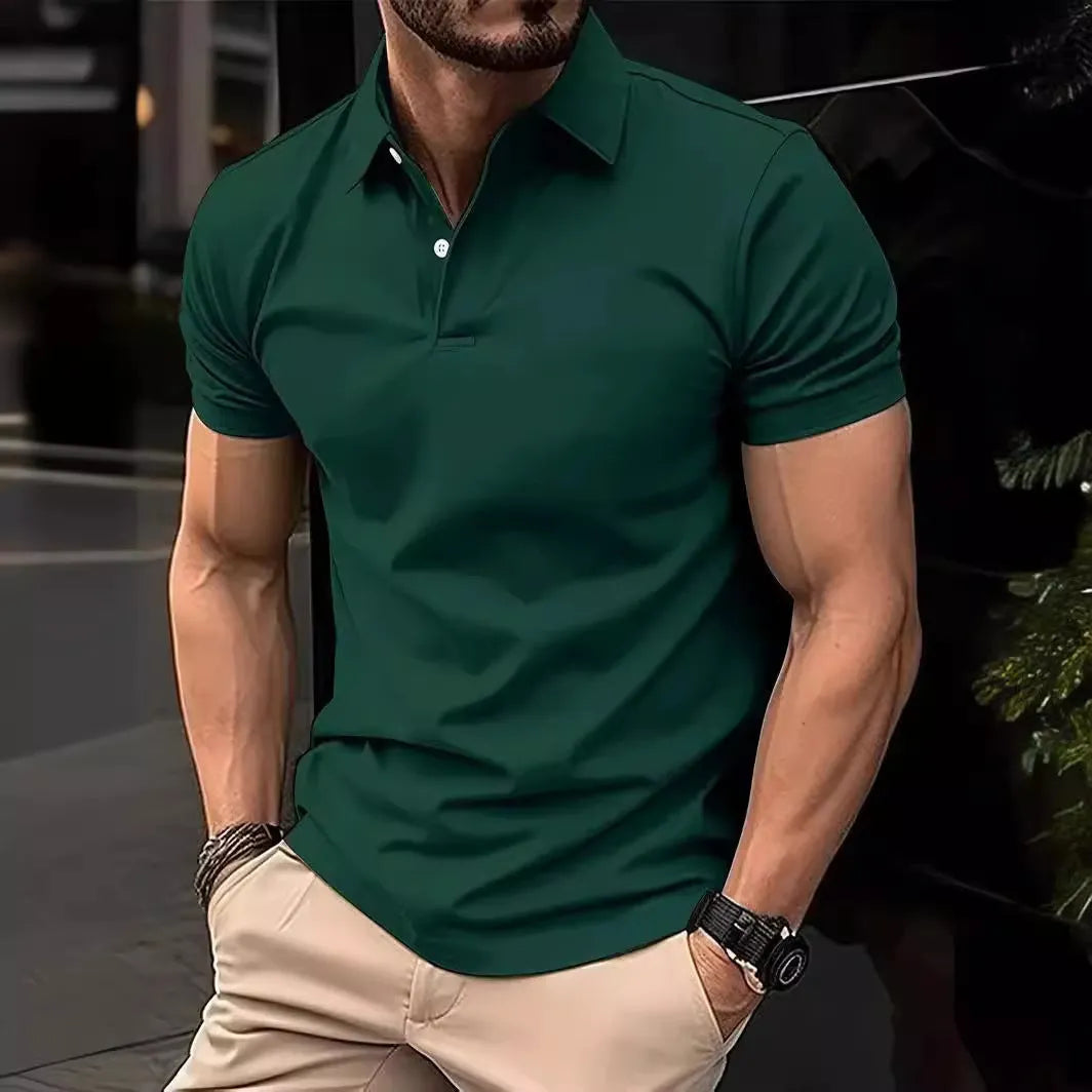 Men's slim fit short sleeve button shirt in a solid colour, showing front button closure.