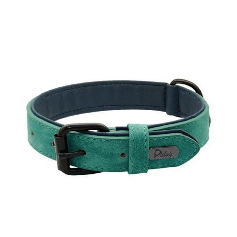 Adjustable dog collar in purple showing PU front and microfiber back, with double-layer thickened construction.