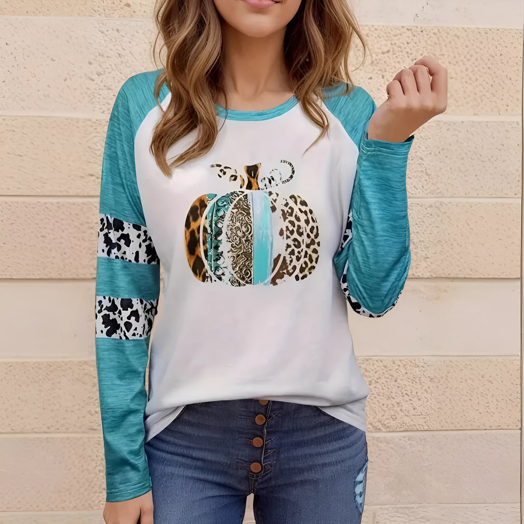 Sky blue Halloween T-shirt with 3D printed pumpkin design, long sleeves and regular fit