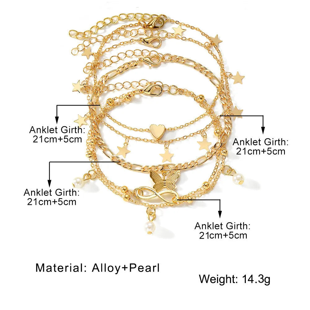 Women's 4-piece anklet set with butterfly, pearl and heart charms in alloy