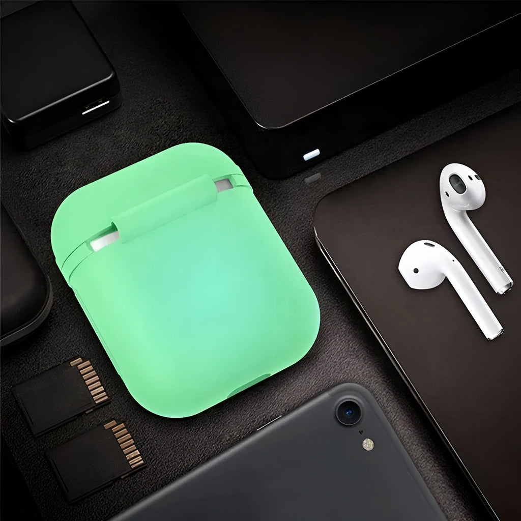 Luminous solid colour silicone flip cover case for Apple AirPods wireless earphones.