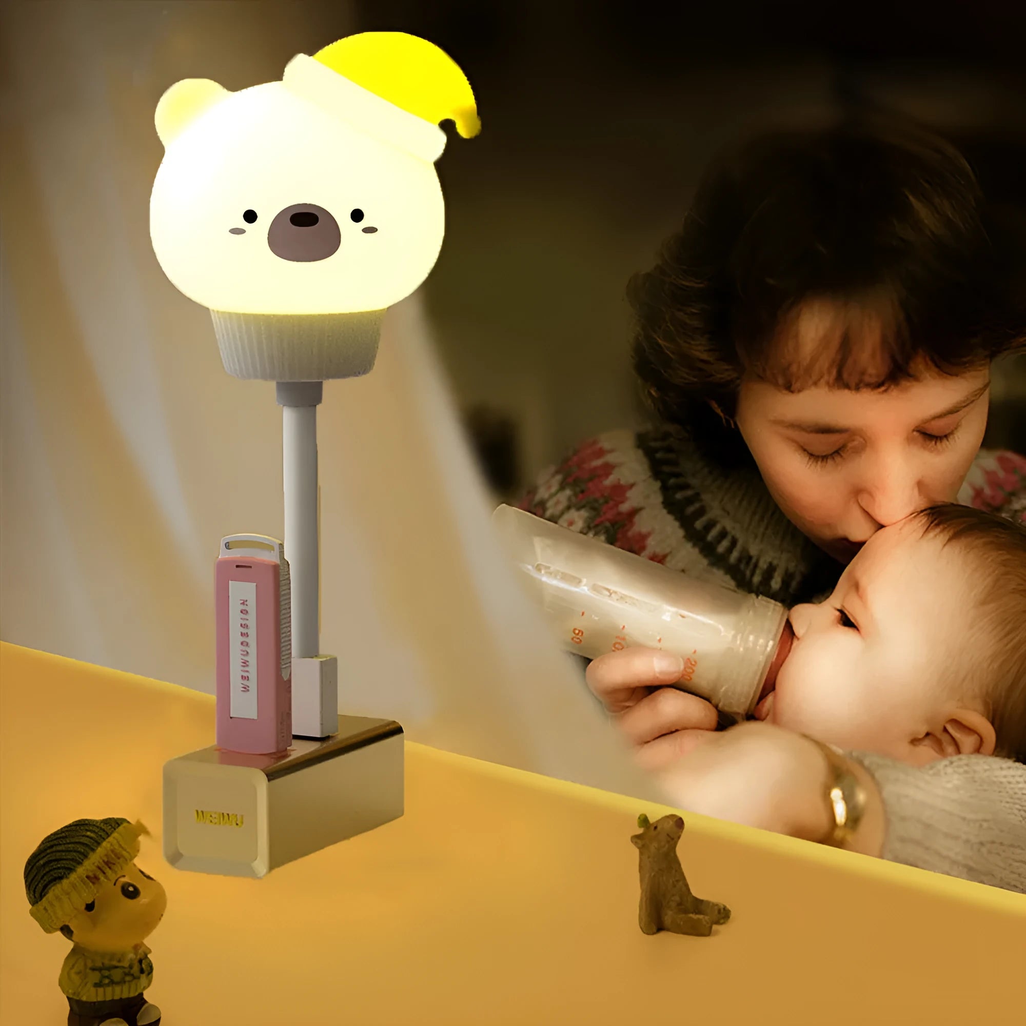 Cartoon bear-shaped USB night light with remote control on bedside table