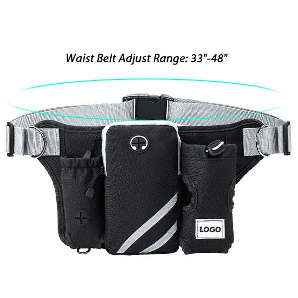Black nylon dog walking waist bag set with leash and collar for outdoor pet training