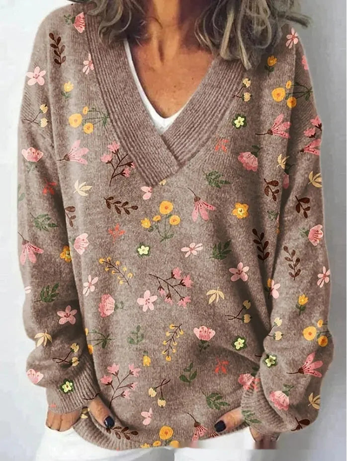 Women's V-neck sweatshirt with 3D floral pattern in art retro style
