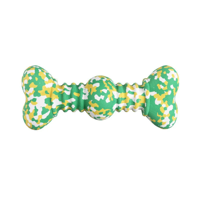 Natural rubber dog chew toy in camouflage pattern with bone shape, shown in green, white and yellow colours