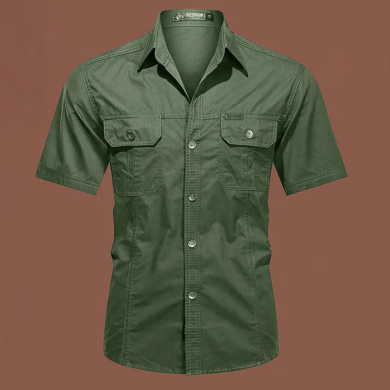 Men's army green cotton short sleeve work shirt with a cardigan style and loose fit.