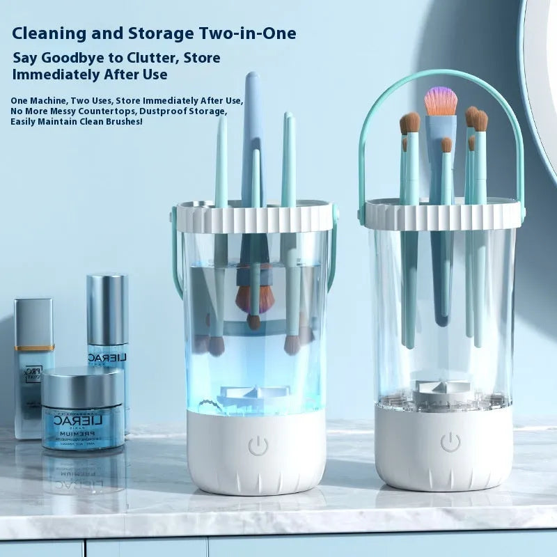 White plastic electric makeup brush cleaner with charging cable