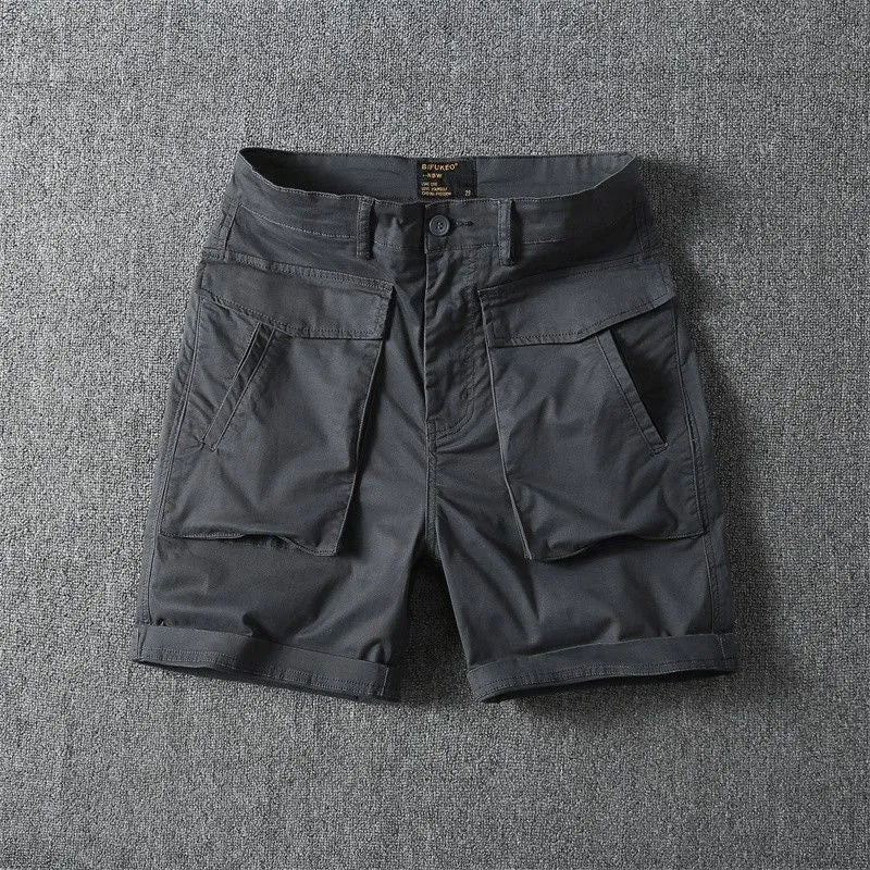 Men's straight-leg cargo shorts in Army Green made from micro-elastic cotton fabric with multiple pockets.