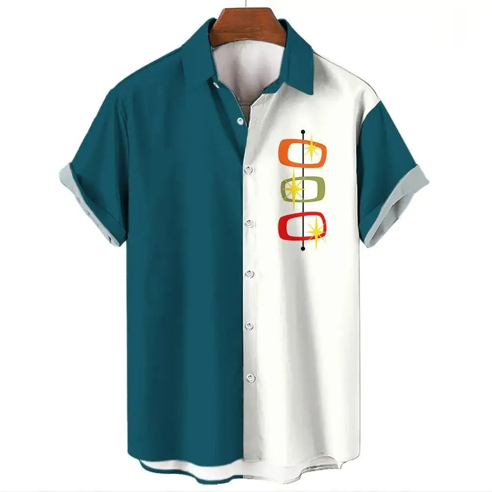 Men's striped Hawaiian short sleeve shirt with button front and elastic band construction
