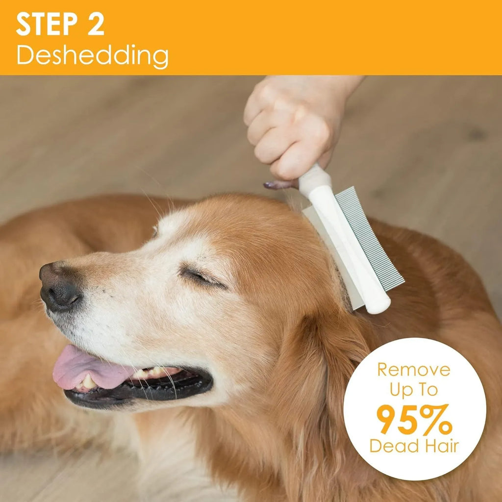 White double-sided dog and cat grooming brush with comb and deshedding blade, showing comfort-grip handle.